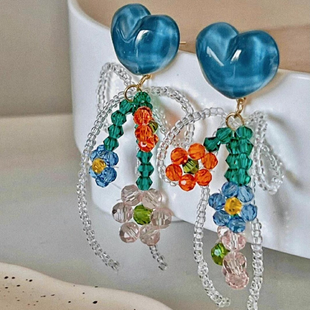 6007 Blue heart-shaped flower earrings