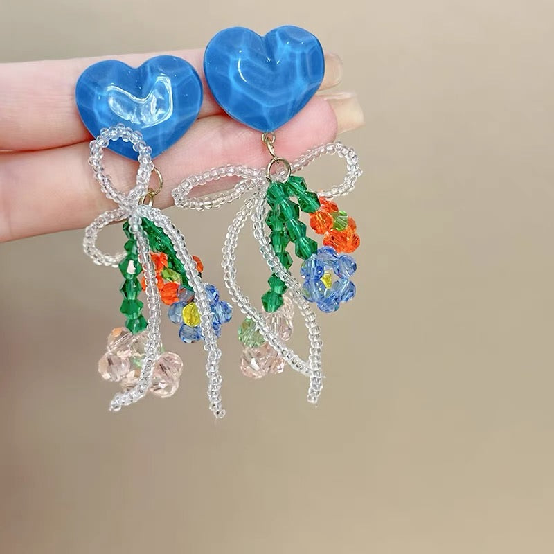 6007 Blue heart-shaped flower earrings